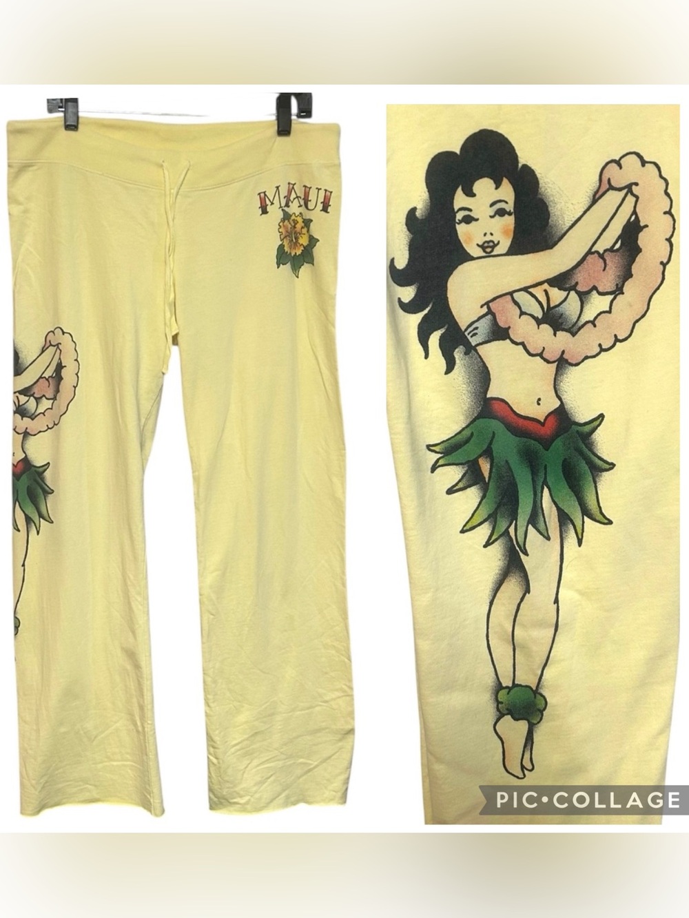 Y2K Lucky Brand M-L sweatpants hula girl pin up graphic wide leg indie vintage